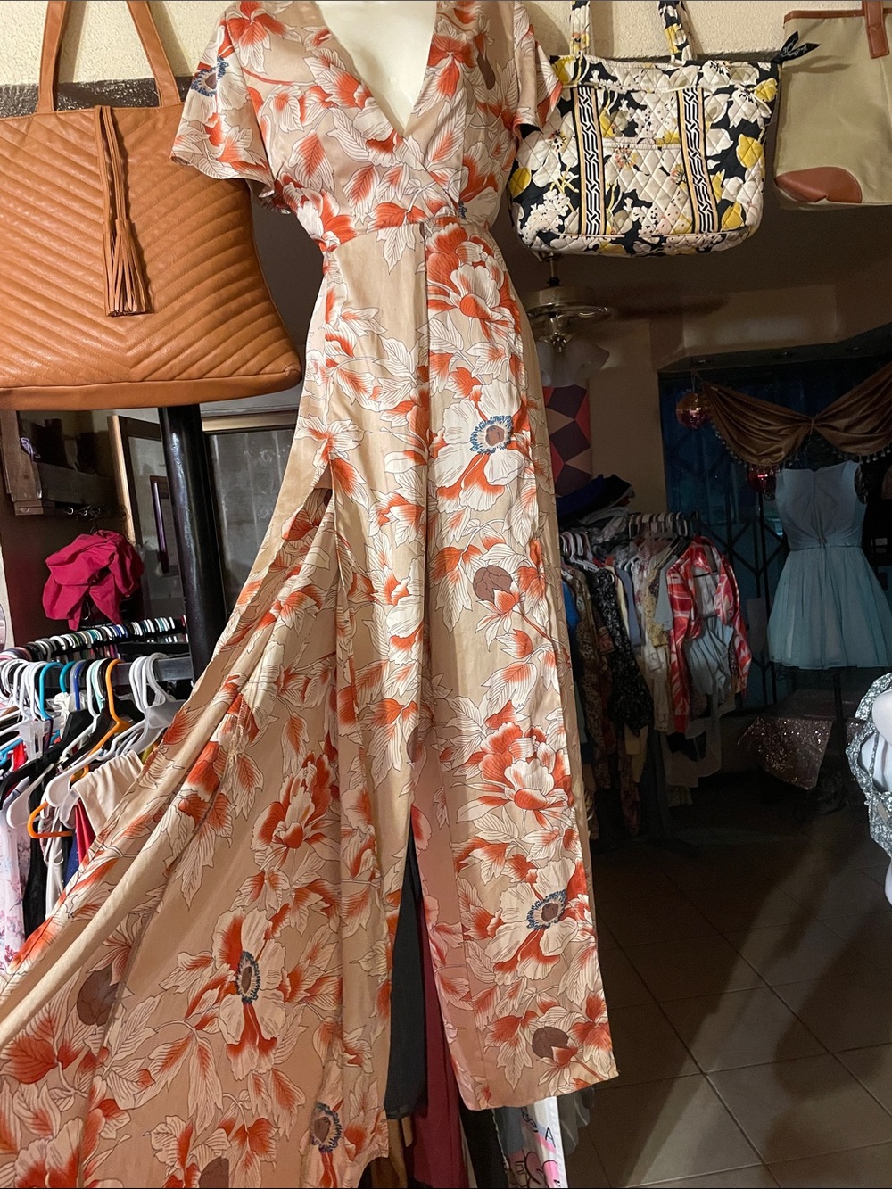 Floral Wrap Wide-Leg Jumpsuit in Beige and Coral